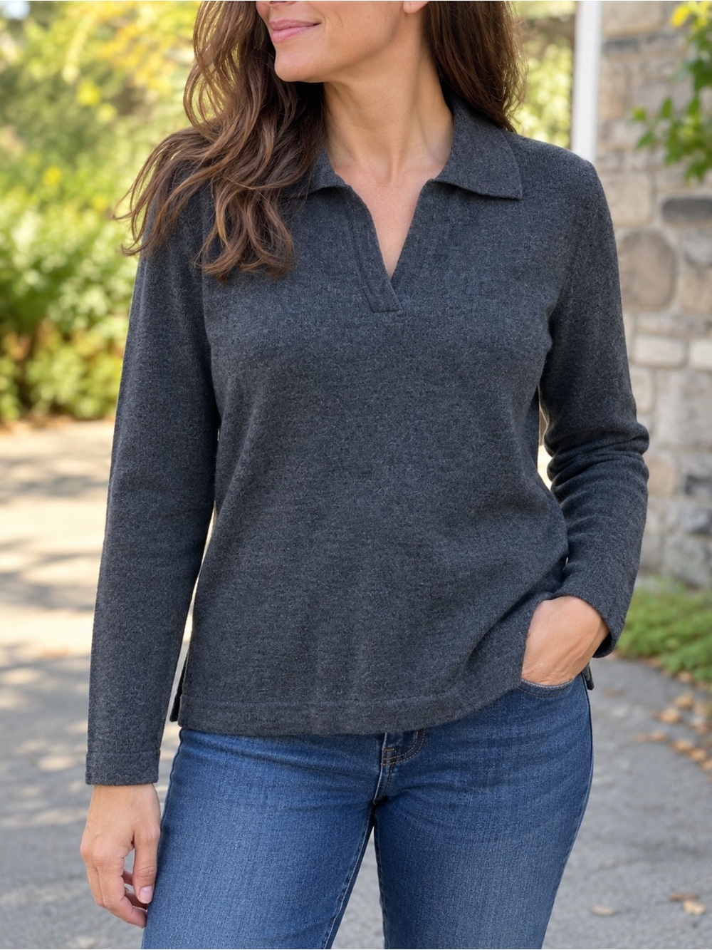 Jones New York Essentials 100% Merino Wool Charcoal Gray Collared Sweater L